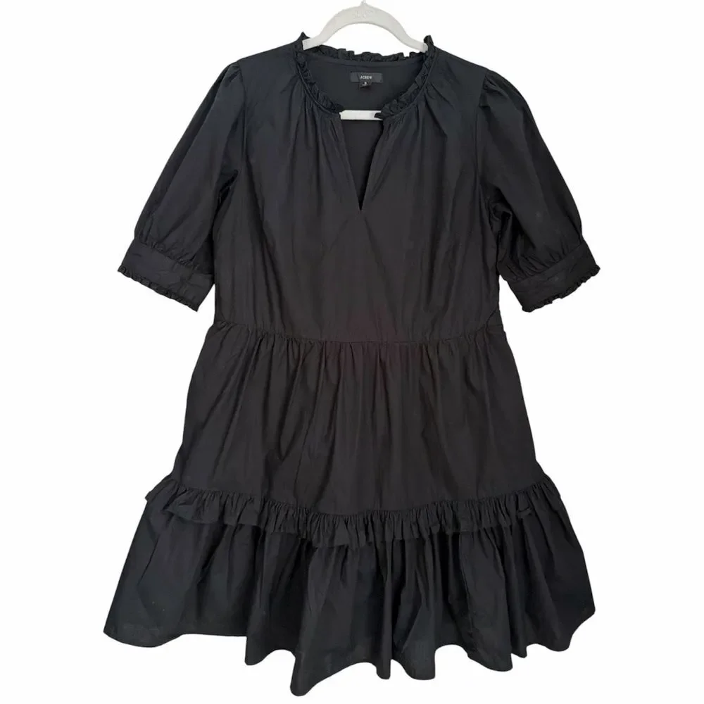 J.Crew Black Cotton Ruffle Neck Tiered Popover Mini Dress Women’s Puff Sleeve S